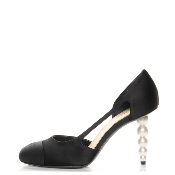 CHANEL  Satin Grosgrain Cap Toe Pearl Pumps 42 Black - Picture 1 of 5